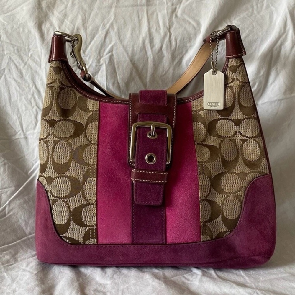 Vintage Coach Signature Canvas suede hobo pink and brown shoulder bag